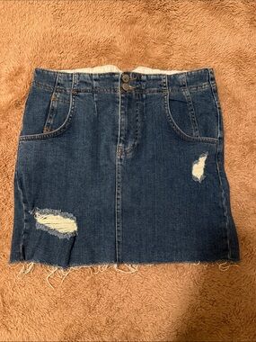 Free People Dark Blue Distressed Denim Mini Skirt